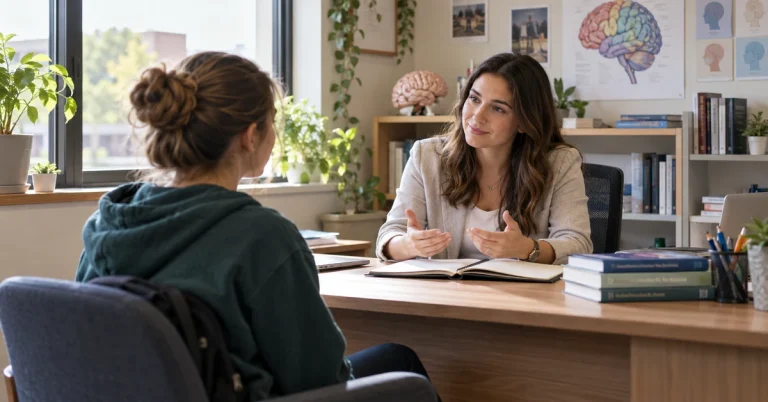 Psicóloga clínica conversando con una paciente durante una sesión de terapia